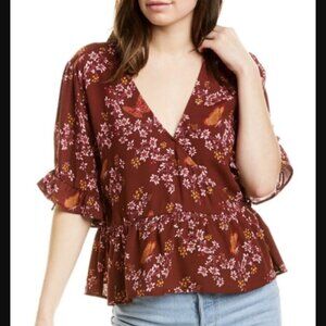 MADEWELL Wrap Top Blouse Butterfly Floral Boho Ruffle Hem Cottage Retail $88.00